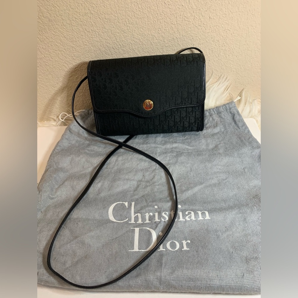 Dior Black Monogram Crossbody Bag with Gold Button